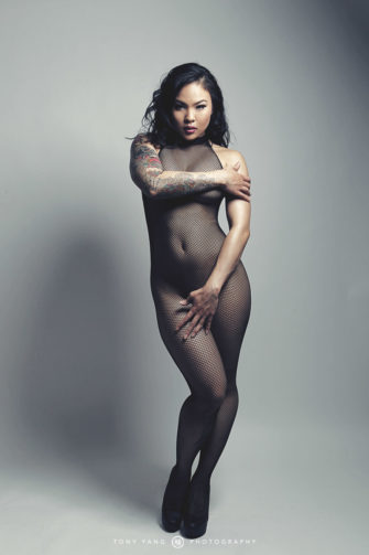 Sexy asian michelle in full body fishnet